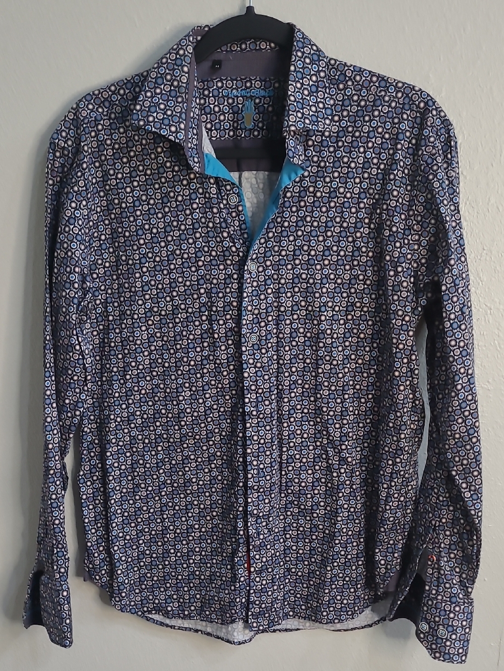 VISCONTI Luchiano BLACK Men's Patterned Button-Up Shirt in Navy and White Sz M